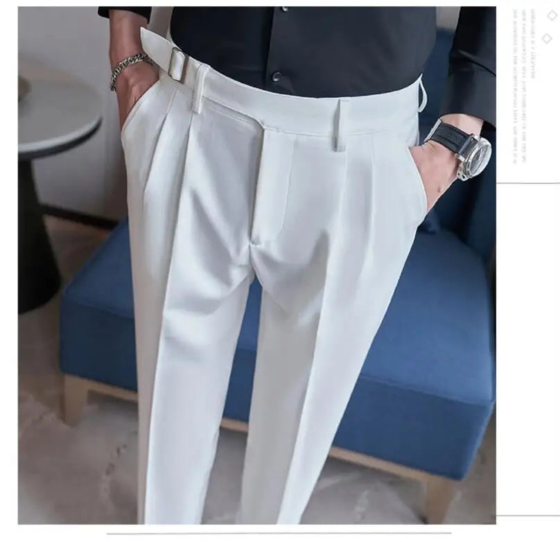 Pure Color Male Business Wedding Dress Pants Fashion Unique Design Men Waist Adjustable Suit Pant No Belt Slim Trousers Homme