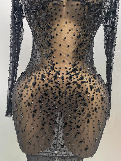 Sexy Shinny Rhinestone Stretch Mesh Transparent Long Dress 2025New Women Evening Birthday Party Prom Nightclub Singer Stage Wear