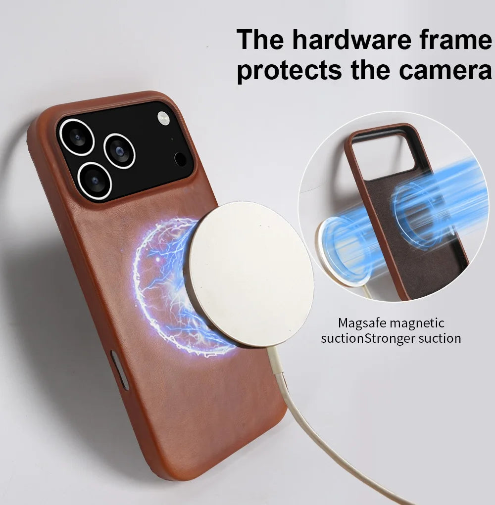 Vintage Oil Wax Full Covered Genuine Leather Case For Iphone 17 Pro Max 16 15 14 13 12 11 for Magsafe Magnetic Phone Cover Cases