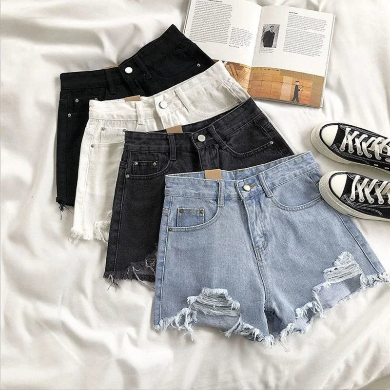 Korean Denim Shorts Women Summer Fashion Casual High Waist Ripped Jeans Pocket Tassel Y2K Hot Pants Streetwear Blue Trousers