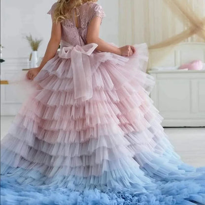 Pink And Blue Flower Girl Dresses For Wedding Ruffles Lace Applique Tiered Kids Lovely Birthday Party Bridesmaid Ball Gowns 2025