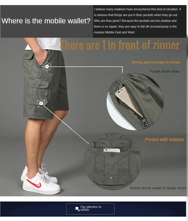 2024 Shorts Men Bermuda Cotton Pocket Zip Cargo Shorts Fashion Style Elastic Army Male Summer Casual Knee Length Vintage Yellow