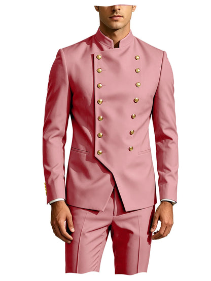 Men's Double Breasted Stand Collor Suit 2 Pieces Blazer Pants Set Slim Fit Business Casual Suit Jacket Formal Wedding Tuxedo