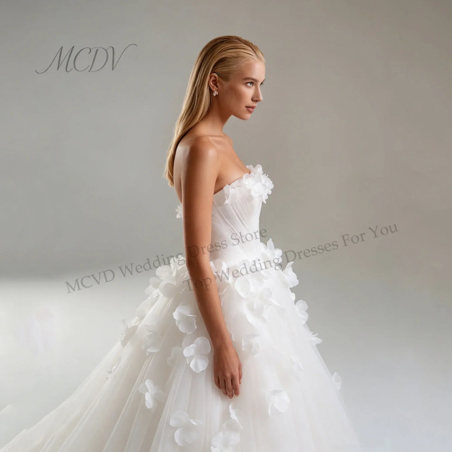 3D Floral Princess Wedding Dresses 2026 Strapless A-Line Corset Back Tulle Bridal Gown with Train Customized Vestido De Noiva