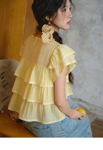 Butterfly Sleeve Chiffon Shirt Women's 2025 Summer New Women's Clothing Retro Square Neck Button Casual Shirt MXD30X1488