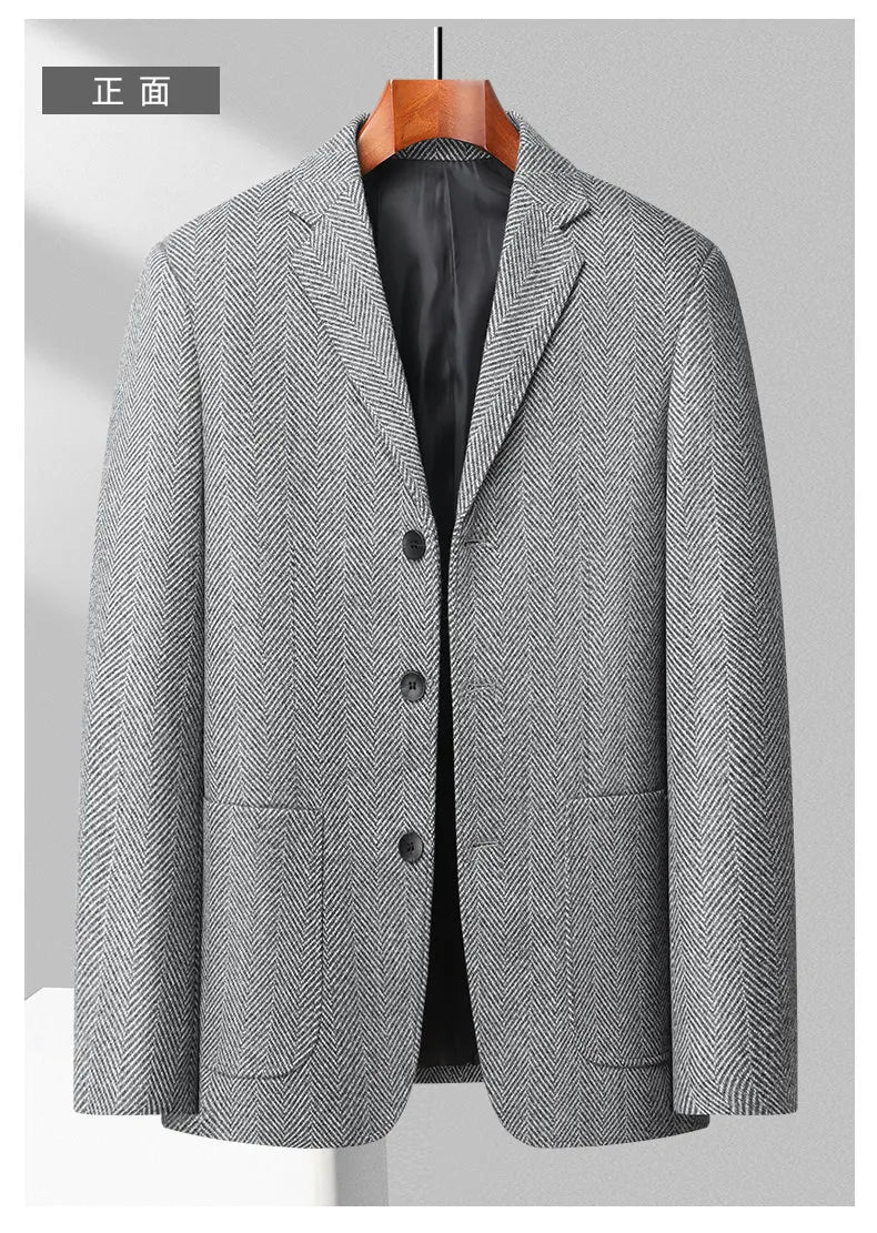 Men's Wool Blazer Herringbone Pattern Casual Business Suit Jacket Comfortable and Stylish Coat