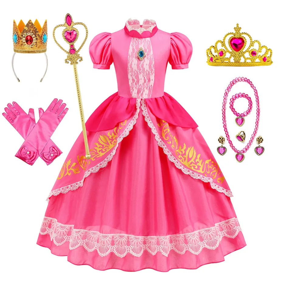 Pumber Bros Vedio Game Movie Cosplay Girl Peach Dress up Lace Ball Gown Princess Costume Kid Cute Halloween Clothing Frock 2-10Y
