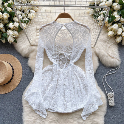 Women's Autumn Mesh Lace Hollow Out White Short Dress Women Micro Flare Sleeve See Through Translucent Sexy Girl's Mini Dress