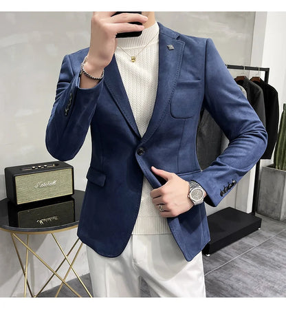 Plus Size 4XL-M Autumn Deerskin Velvet Jackets Blazer 6 Color Men Business Slim Blazers Hommes Casual Wedding Tuxedo Suit Coat