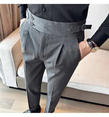 Autumn Winter High Waist Business Dress Pants Men Casual Belt Design Slim Suit Pants Formal Wedding Social Party Male Trousers