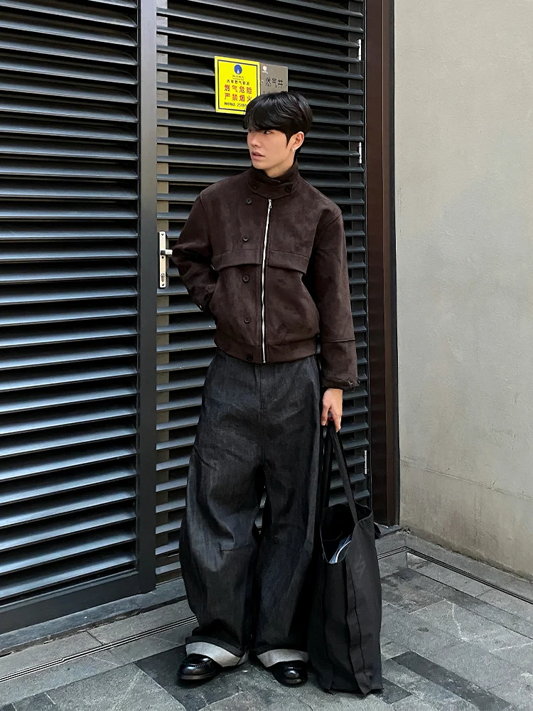 Spring Autumn Cool Short Soft Brown Faux Suede Leather Jacket Men Turn-down Collar Zipper Luxury Designer Clothes