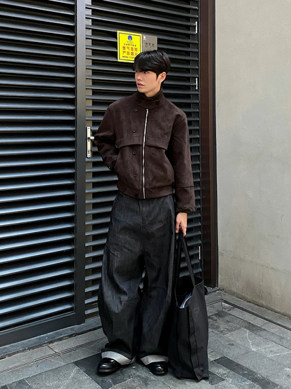 Spring Autumn Cool Short Soft Brown Faux Suede Leather Jacket Men Turn-down Collar Zipper Luxury Designer Clothes
