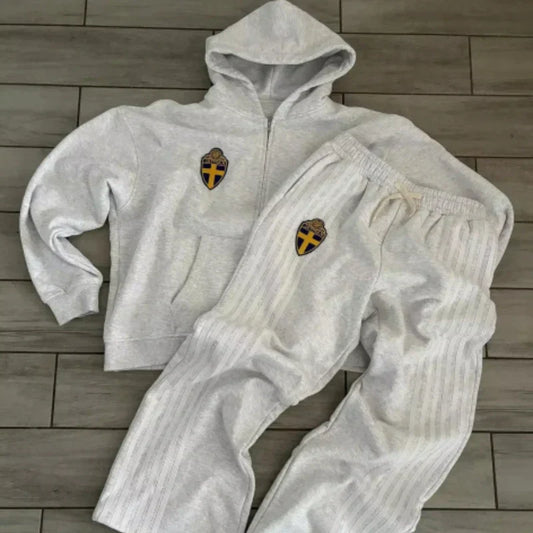 Y2K Zip Hooded Sweatpants Set Men Two Piece Hip Hop Embroidered Vintage Stripe Oversized Hooded Sweatshirt Casual Pants Set