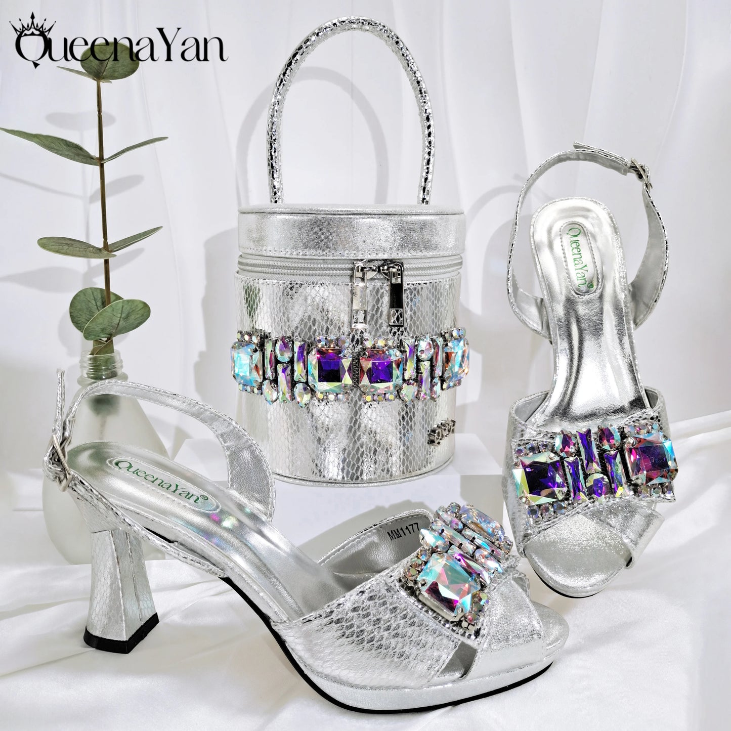 Nigerian-Inspired Rhinestone High Heels With Colourful Bucket Bag Fashionable Womens Footwear And Accessories Set