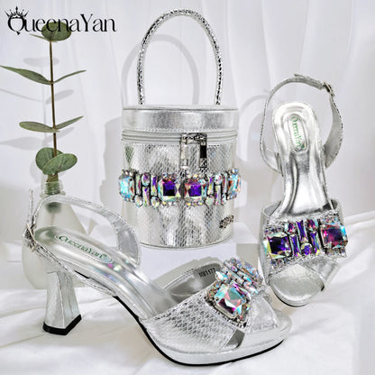 Nigerian-Inspired Rhinestone High Heels With Colourful Bucket Bag Fashionable Womens Footwear And Accessories Set