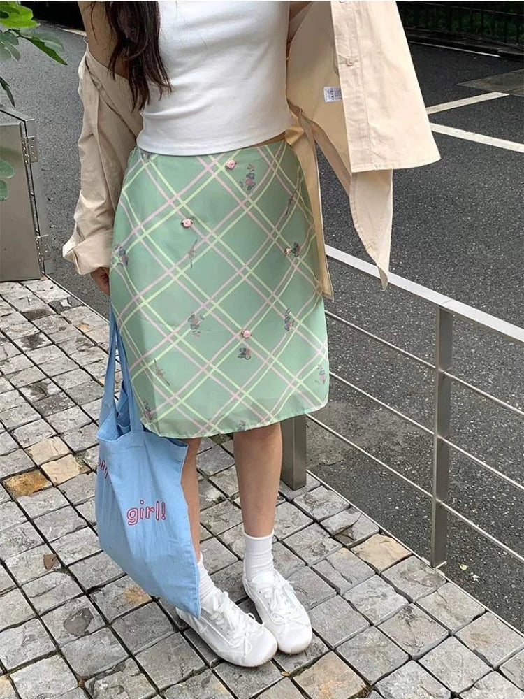 Sweet Elegant Floral Skirt Women Korean Style Vintage Green Plaid Skirts Y2k Harajuku Summer Fashion Mesh Mid Skirts