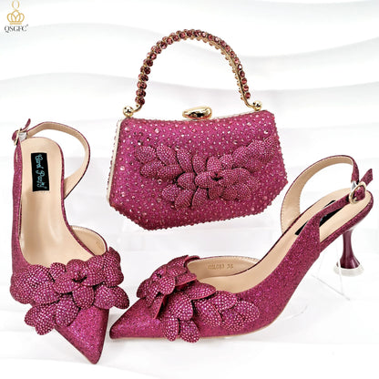 Nigerian Banquet Shoes and Bags African Fashion Peach Ladies Matching Shoes and Bags Pointed Toe High Heels Wedding Party