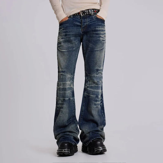 Y2K Vintage Flared Jeans Mid Blue Washed Men Women Bootcut Jeans American Hip Hop Distressed Streetwear Unisex Wide Leg Pants