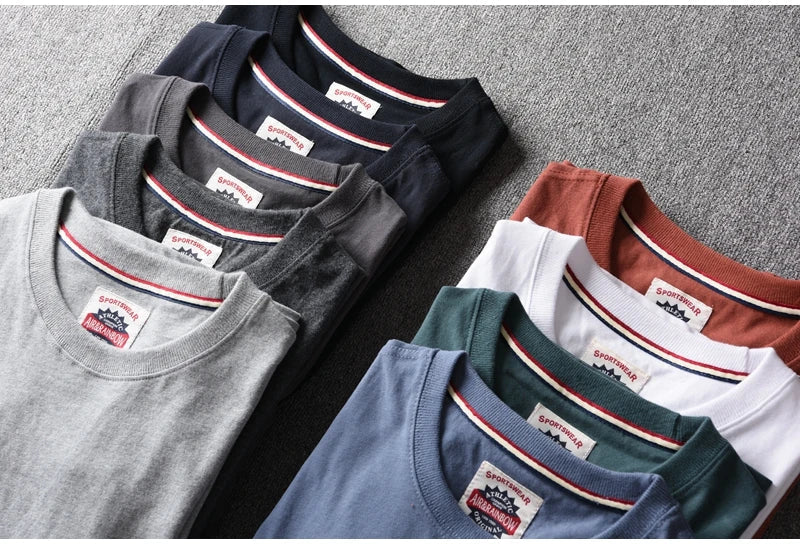 Summer New American Retro Short-sleeved O-neck Solid Color T-shirt Men's Fashion Simple 100% Cotton Washed Casual Sport Tops