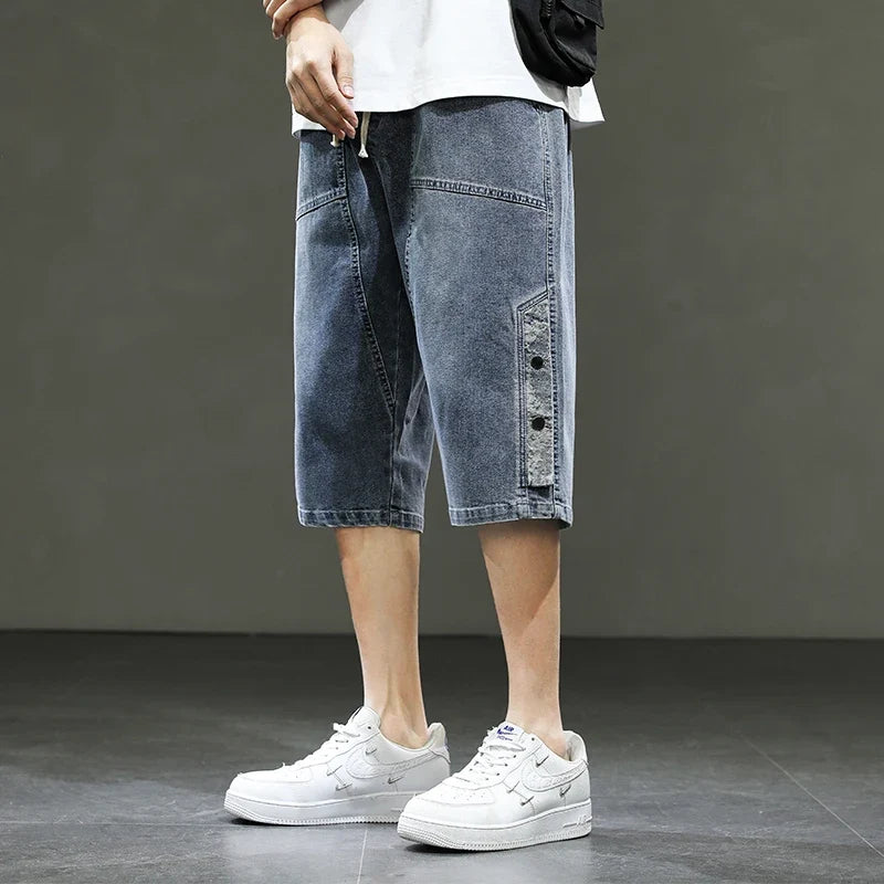 Korean Style Summer Men's Black Wide Leg Denim Shorts New Fashion Casual Baggy Short Jeans Male Plus Size 6XL 8XL YBR602
