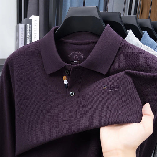 100% Pure Cotton Chest Emblem Embroidered Men's Autumn Polo Shirt Fashionable Casual Business Slim Fit Breathable Top