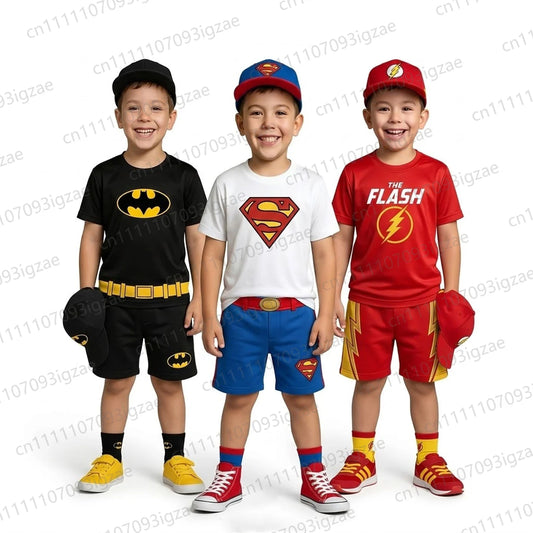 2026 New Casual Summer Kids Boys DC Superhero Batman Superman Flash Graphic Short Sleeve T-Shirt Shorts Outfit Set