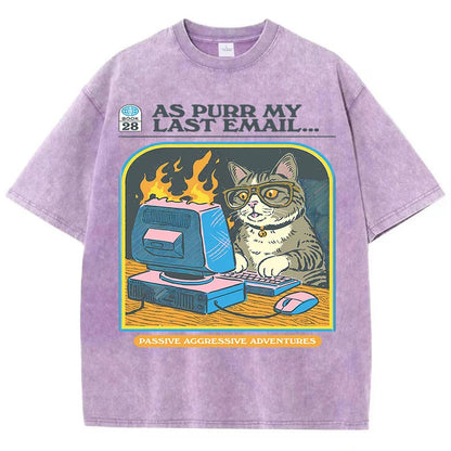 Cat Playing Computer GamesPrint Snow Wash T Shirt Man Unisex Washed Tees Casual Shortwear Soft Breathable Cotton Clothes