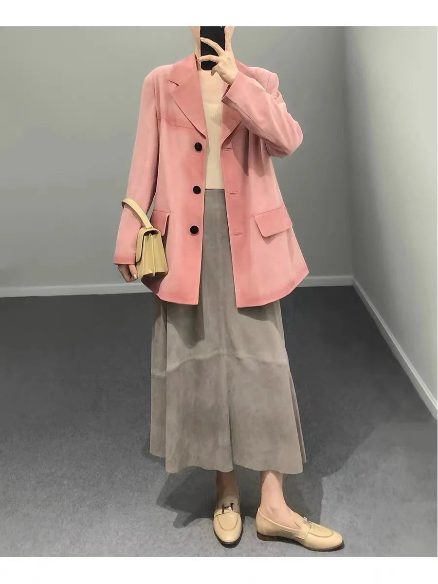 تنورة نسائية من جلد الغزال الأرجواني موضة 2025 لربيع Harajuku بحافة كبيرة طول 85 سم تنانير نسائية أنيقة بوهيمية فستان جلدي 100%