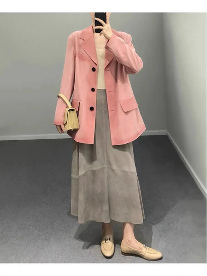 تنورة نسائية من جلد الغزال الأرجواني موضة 2025 لربيع Harajuku بحافة كبيرة طول 85 سم تنانير نسائية أنيقة بوهيمية فستان جلدي 100%