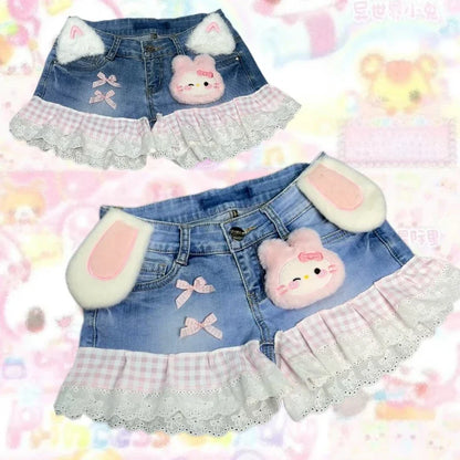 Y2K Vintage Spice Girls Cute Two-dimensional Pink Plaid Rabbit Ears Stitching Lace Denim Shorts Retro Sweet Cowboy Short Pants