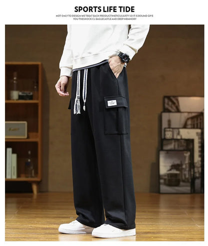 2026 New in Wide Leg Pants Men Autumn Straight Elastic Waist Baggy Cargo Trouser Male Relaxed Streetwear Sweatpant Plus Size Big
