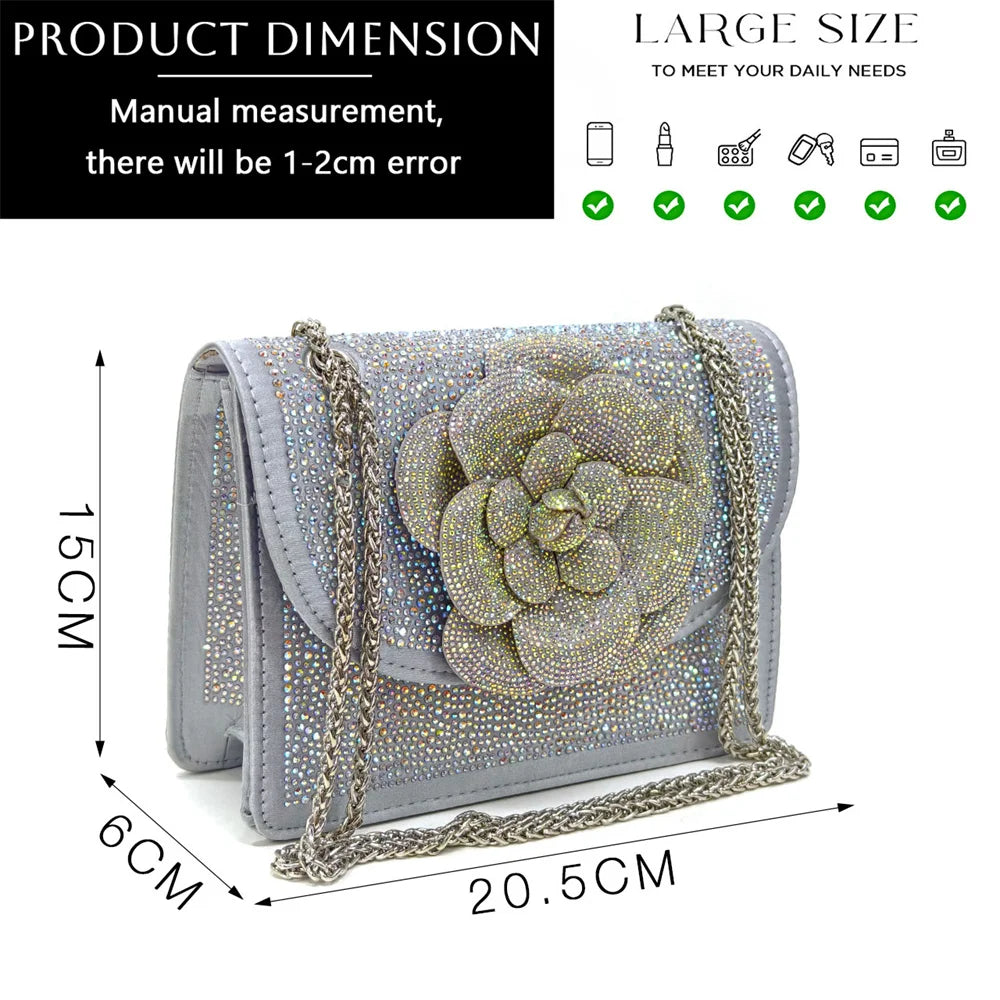 Evening Shoes and Bags Set with Full Diamond Handmade Petal Clutches Pointed Toe Peach Color Mid-Heel Women Shoes