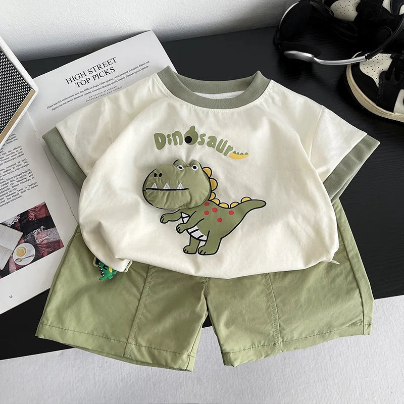 New Baby Summer Clothes Kids Cute Cartoon Suits Boys 3D Dinosaur Tshirt Shorts 2Pcs Sets Chidren Girls Fashion Clothing Outfits