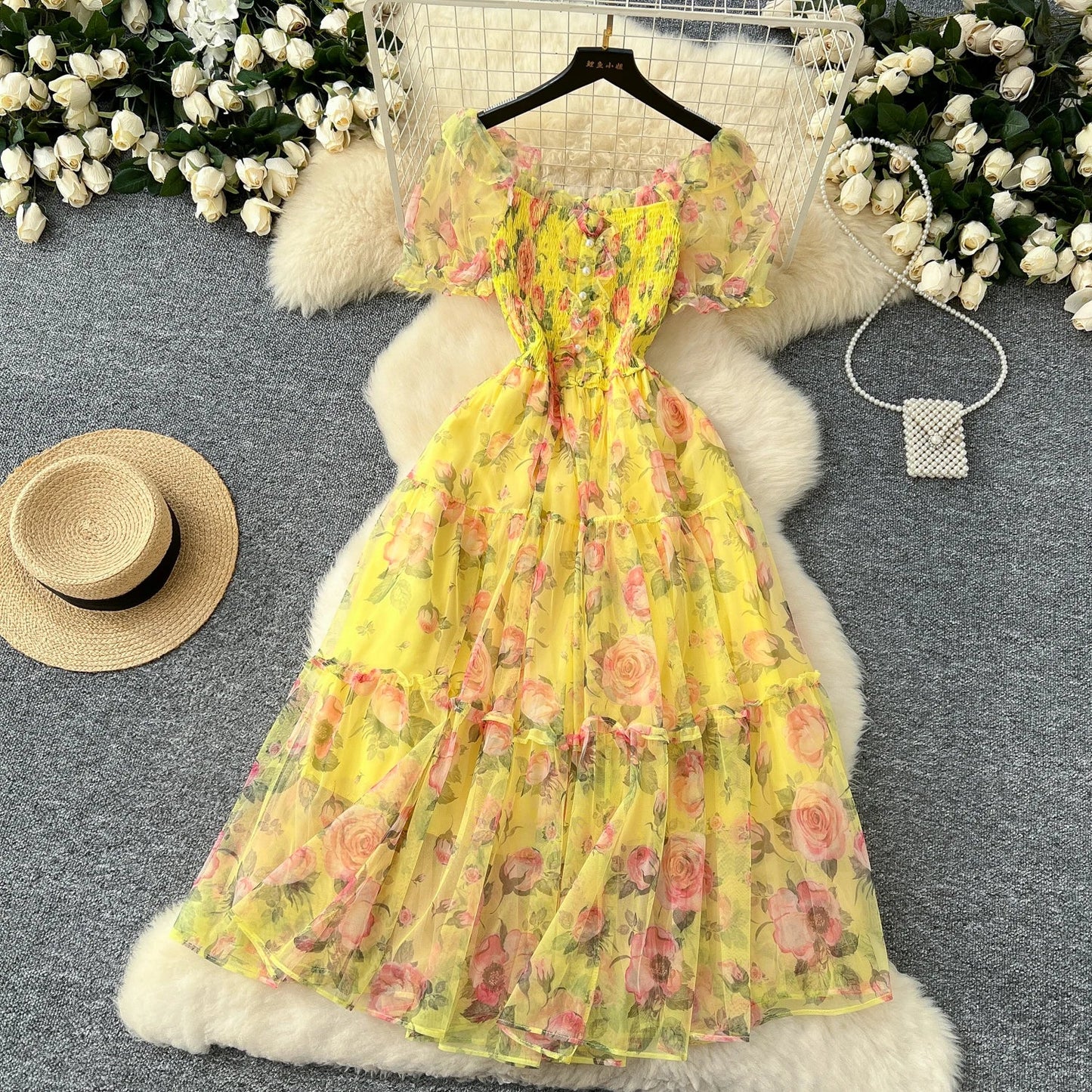 Retro Floral Chiffon Dr Women's Waist Cinched Bubble Sve Me Skirt Tea Break Gentle Soft Sle Korean High Waist A-Lin...