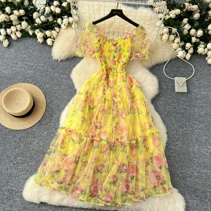 Retro Floral Chiffon Dr Women's Waist Cinched Bubble Sve Me Skirt Tea Break Gentle Soft Sle Korean High Waist A-Lin...