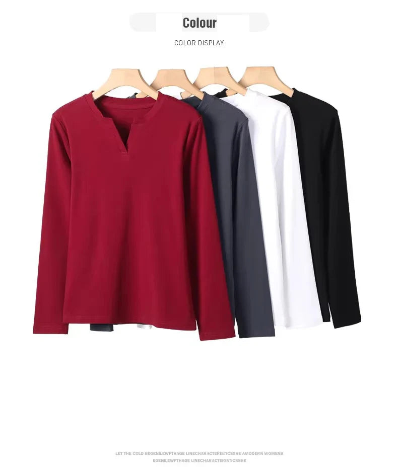 Spring and Autumn All Seasons Women's Long sleeved T-shirt Wine Red Pure Cotton New Fashion Large V-neck Slim fit Casual Top 3XL