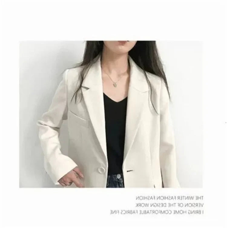 Elegant Casual Loose Long Sleeve Women's Small Suit Jacket Korean Style Spring Autumn Chic Polyester Fiber Button Decoration