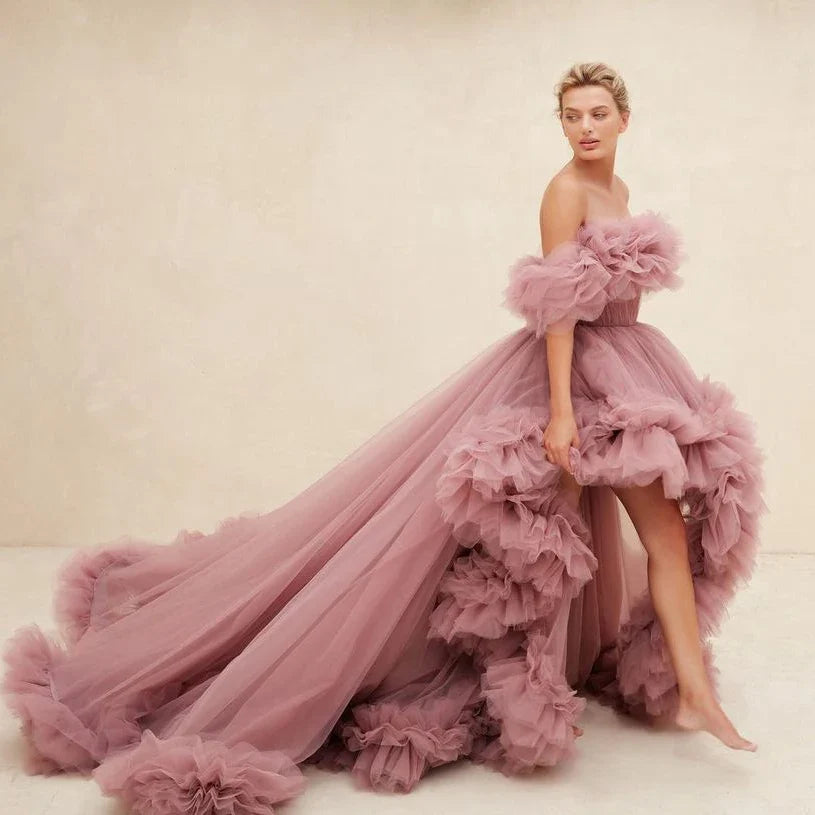 Women Prom Dresses Tulle High Low Vestido de Novia Robes Off the Shoulder Evening Dress Ruffled Fluffy Party Gowns Customized