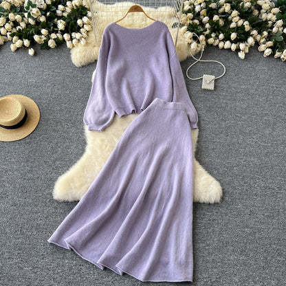 Autumn Casual Two Pieces Sets Women O-Neck Loose Knitting Top+Elastic Waist Large Swing Skirt Basic Korean Winter Sets