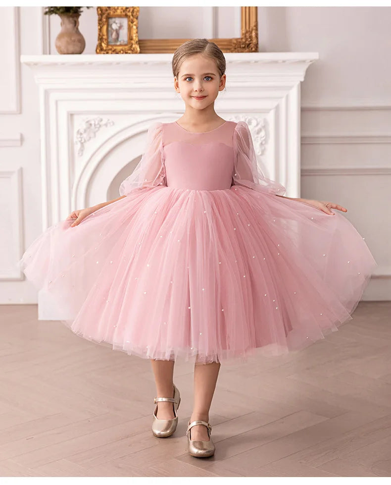 Summer New Girl 4-8Y Seven Sleeve Puff Skirt Dreamy Children's Dress Birthday Party Flower Girl Princess Dress
