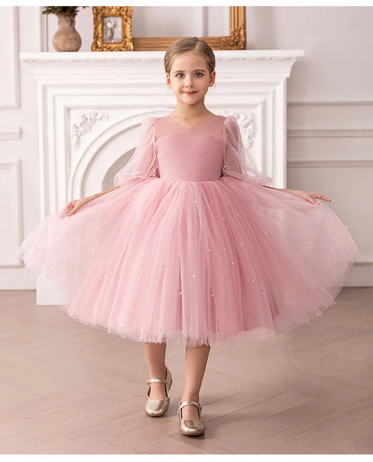 Summer New Girl 4-8Y Seven Sleeve Puff Skirt Dreamy Children's Dress Birthday Party Flower Girl Princess Dress