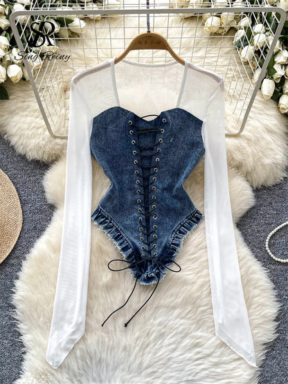 American Retro Patchwork Sexy Blouse 2024 Women Squre Neck Long Sleeves Sheer Top Streetwear Ins Lace Up Denim Shirt