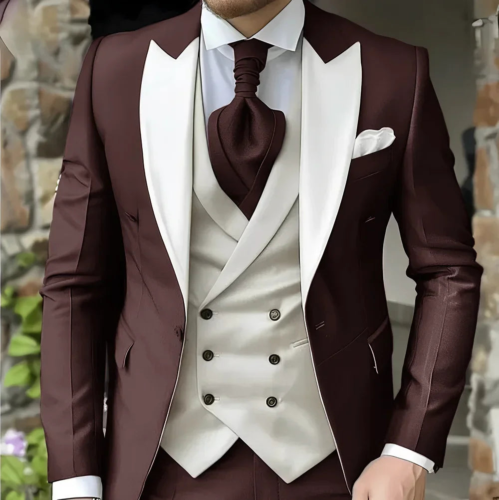Men's Elegant Peak Lapel Tuxedo 3-Piece Suit with Blazer Vest Formal Men's Suit for Business Prom Business Dinner