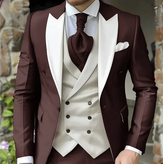 Men's Elegant Peak Lapel Tuxedo 3-Piece Suit with Blazer Vest Formal Men's Suit for Business Prom Business Dinner