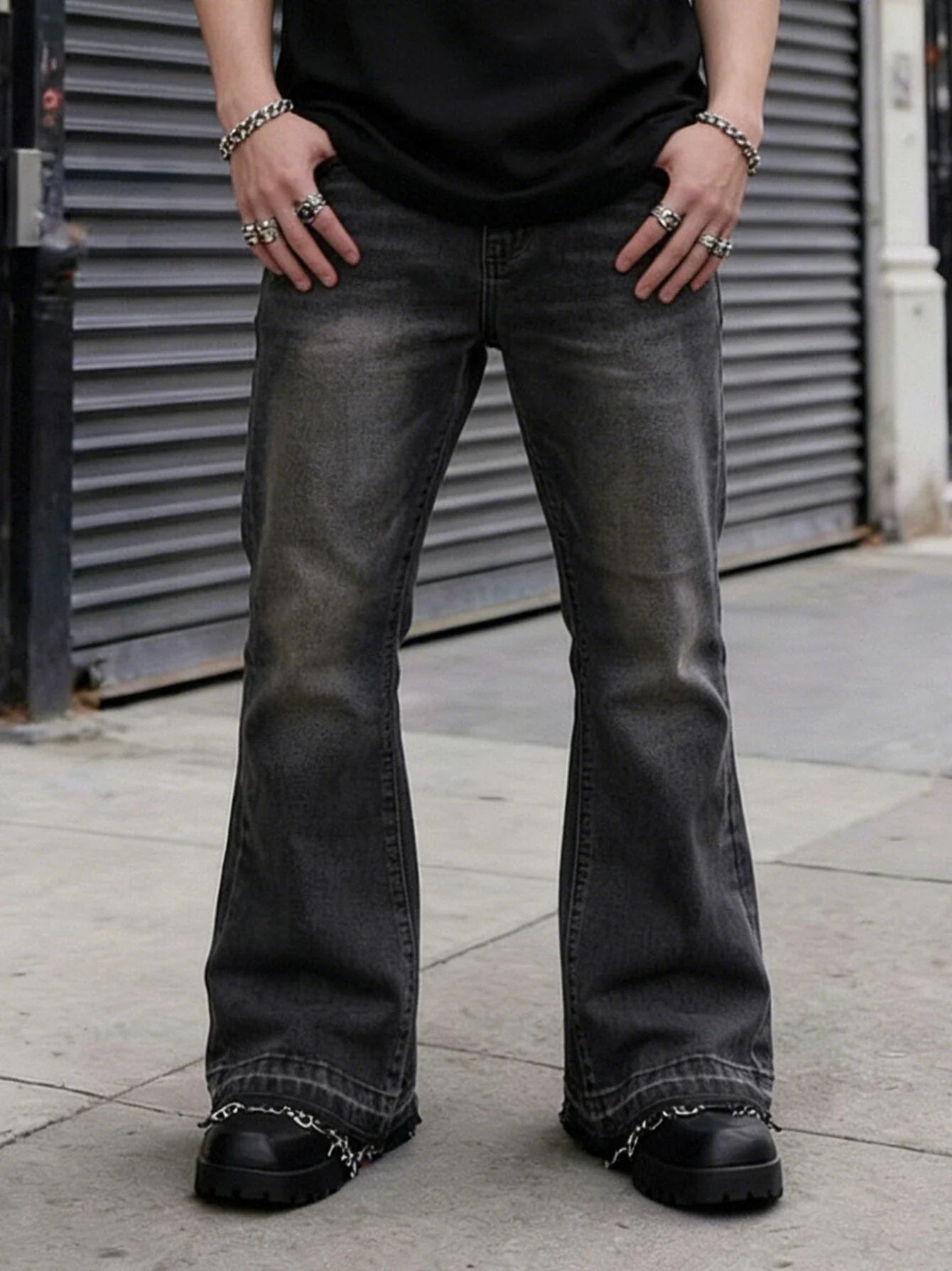 Men's Vintage Light Blue / Black Flare Jeans, Slim Straight Leg Raw Hem Casual Denim Pants