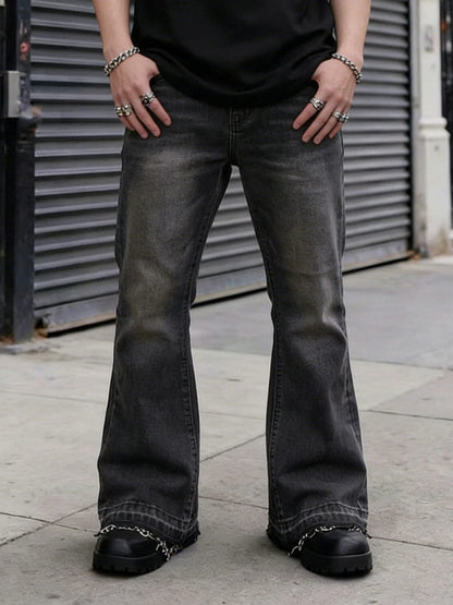 Men's Vintage Light Blue / Black Flare Jeans, Slim Straight Leg Raw Hem Casual Denim Pants
