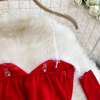 Women's Christmas Dress Sexy Low-cut Waist Thin Big Pendulum Fluffy Splicing Suspender Tube Ling Dress Red