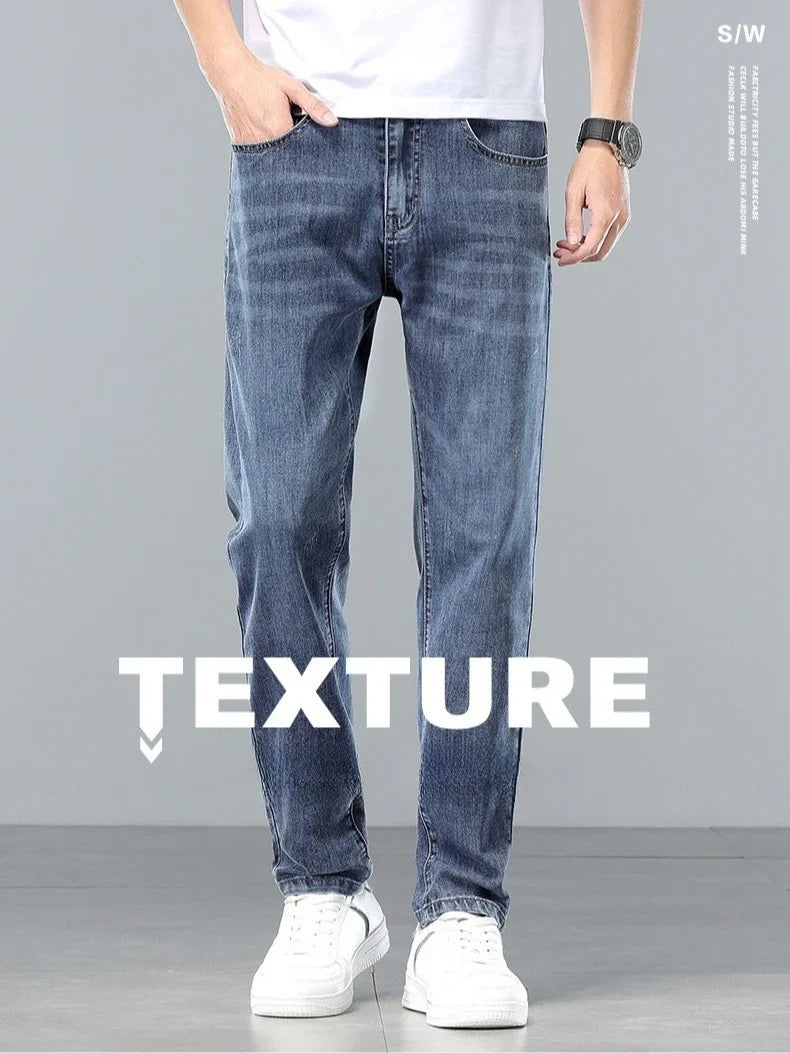  Brand Clothing Spring Summer Slim Men's Jeans Casual Breathable Cotton Fabric Stretch Denim Pants Blue Trousers Male Plus Size
