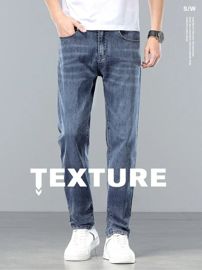  Brand Clothing Spring Summer Slim Men's Jeans Casual Breathable Cotton Fabric Stretch Denim Pants Blue Trousers Male Plus Size