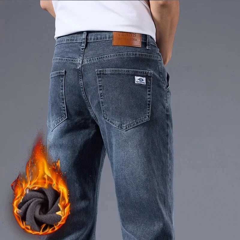 Winter Fleece Men Jeans Thick Stretch Business Casual Trousers Classic Loose Straight Warm Velvet Denim Pants Office Daily Wear